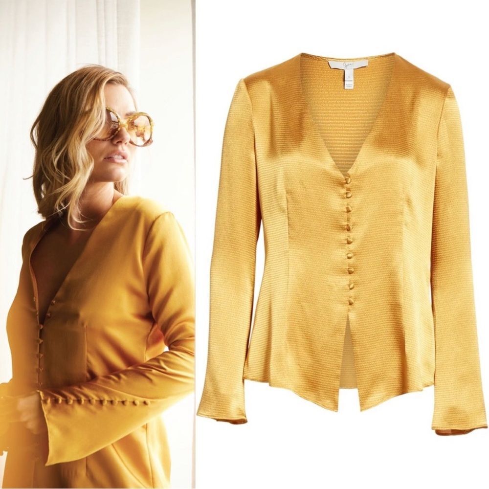 JOIE Madora Dusty Gold V-Neck Long-Sleeve Satin Button Down Top XS